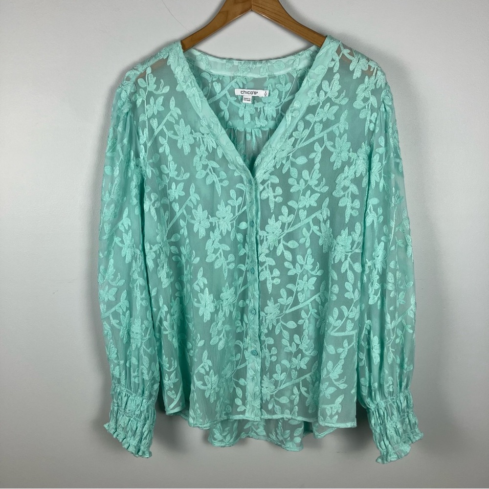 Chico’s Floral Soutache V Neck Sheer Blouse Mint Green Size 2 Embroidered Boho